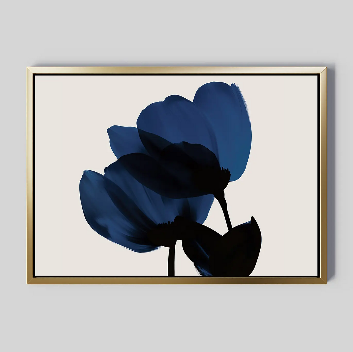 Bloom Abstract Canvas Art – Horizontal features two dark blue abstract flowers with black stems and centers on a light beige background, framed in a slim gold metallic frame—ideal modern wall art for your living room decor.