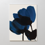 Bloom Abstract Canvas Art features three abstract flowers with bold dark blue petals and black stems on a light beige background, making it the perfect minimalist wall decor for your living room.