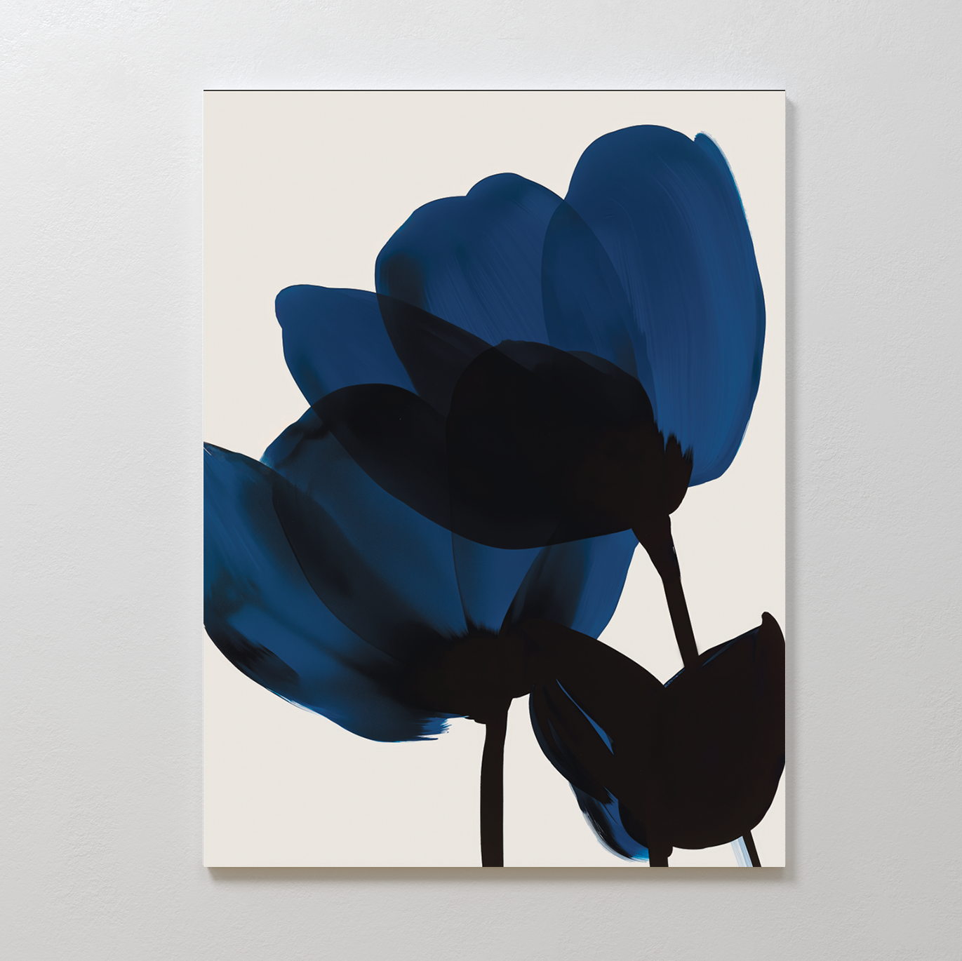 Bloom Abstract Canvas Art features three abstract flowers with bold dark blue petals and black stems on a light beige background, making it the perfect minimalist wall decor for your living room.