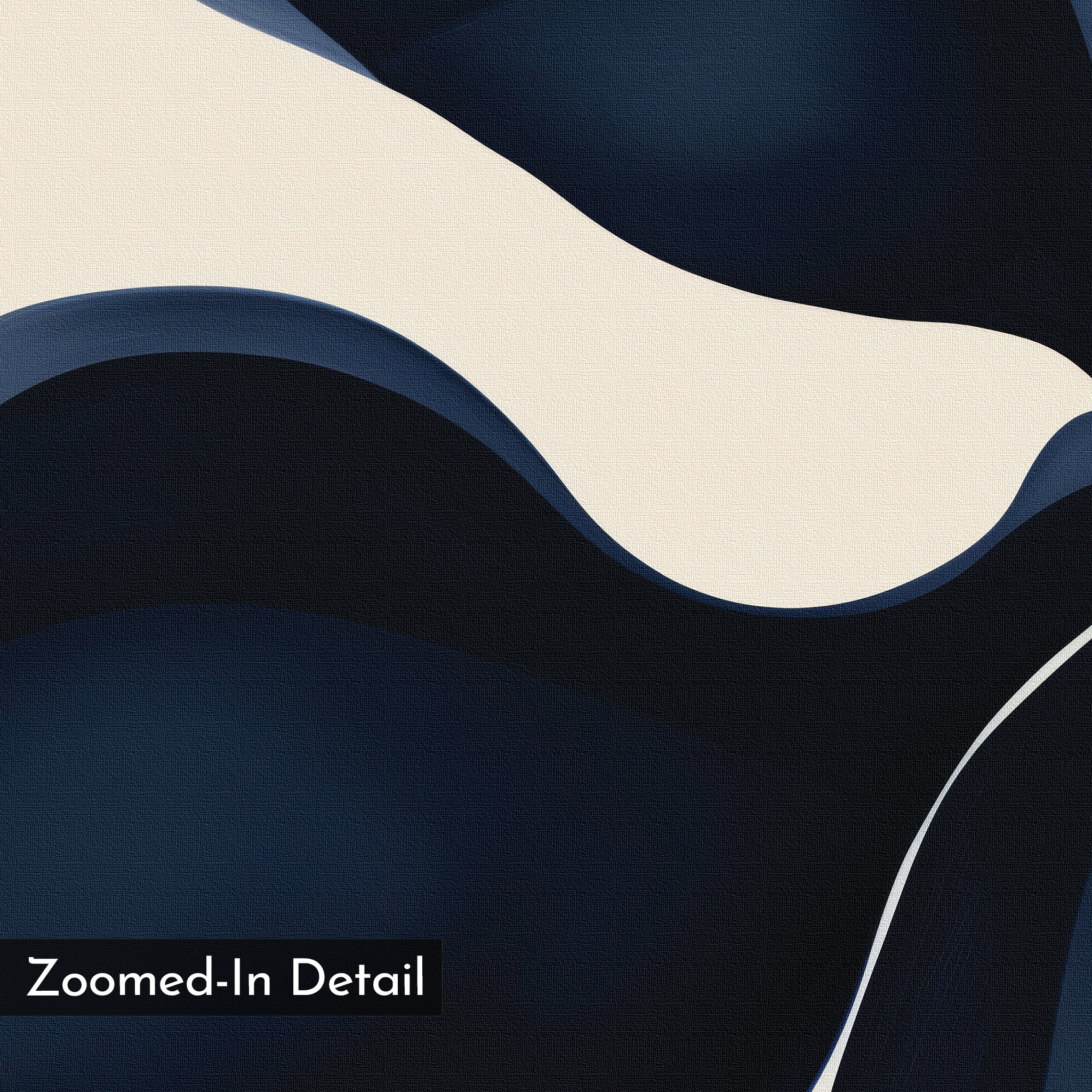 Blossom Blue Abstract Canvas Art features smooth, wavy shapes in dark blue and off-white with a canvas-like texture. The "Zoomed-In Detail" label appears in the bottom left, making it ideal for minimalist wall art.