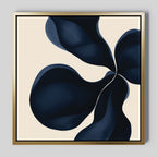 The Blossom Blue Abstract Canvas Art features a gold frame and four large, dark navy organic forms swirling from the center on a light beige background, creating elegant, minimalist wall art for modern decor.