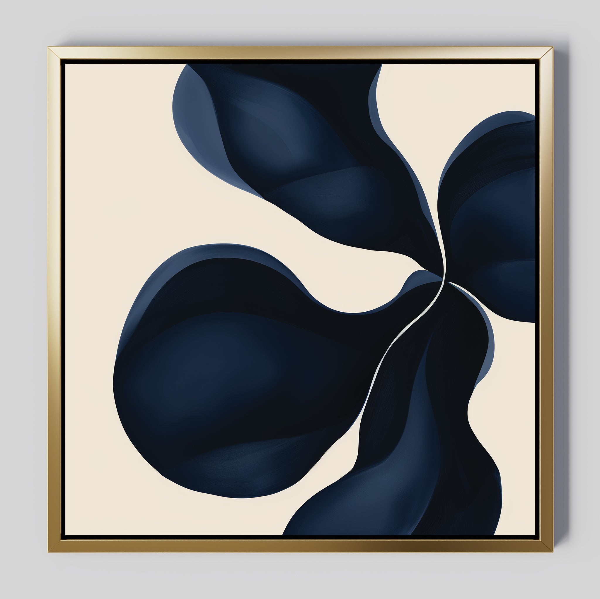 The Blossom Blue Abstract Canvas Art features a gold frame and four large, dark navy organic forms swirling from the center on a light beige background, creating elegant, minimalist wall art for modern decor.