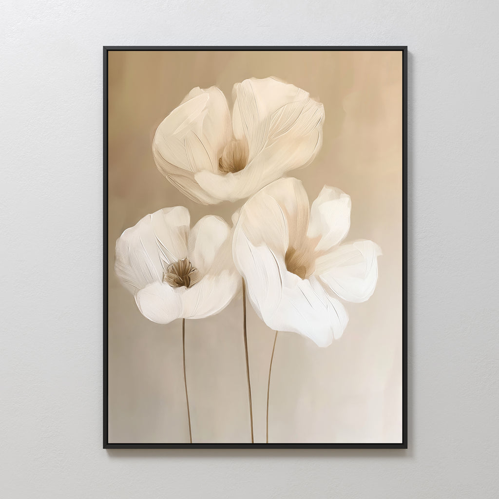 Blossom Trio Abstract Canvas Art features three light beige poppy flowers with delicate petals and long stems on a soft, neutral background—ideal minimalist wall art for your living room decor.