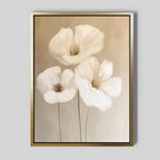 The Blossom Trio Abstract Canvas Art displays three delicate white poppies with soft beige shading on a neutral background, set in a metallic gold frame with a black inner border—perfect modern wall art for your living room decor.
