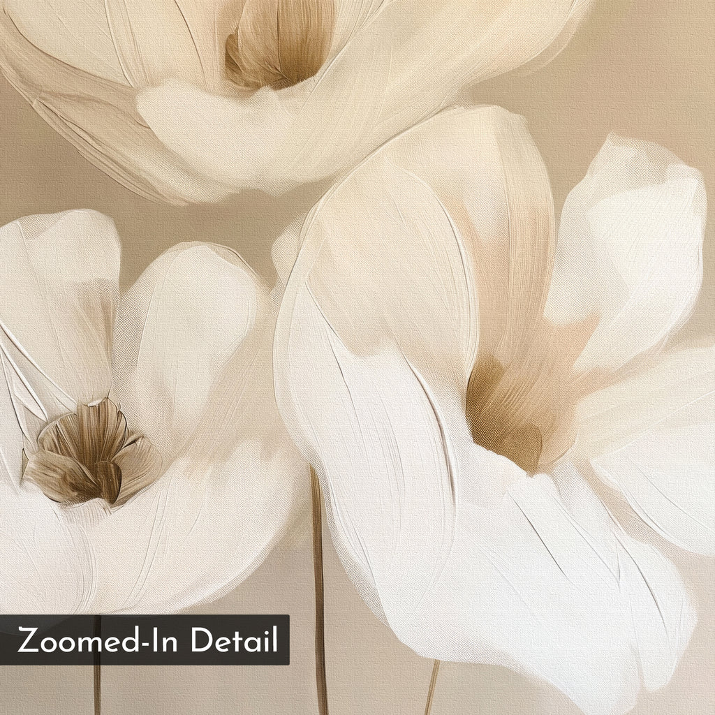 Close-up of Blossom Trio Abstract Canvas Art featuring three cream-toned flowers with brown centers and textured petals on a beige background. A stylish minimalist wall art piece to elevate your living room. Text in lower left: Zoomed-In Detail.