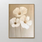 Blossom Trio Abstract Canvas Art features three white flowers with delicate petals on a soft beige background, creating elegant minimalist wall art ideal for enhancing your living room decor.