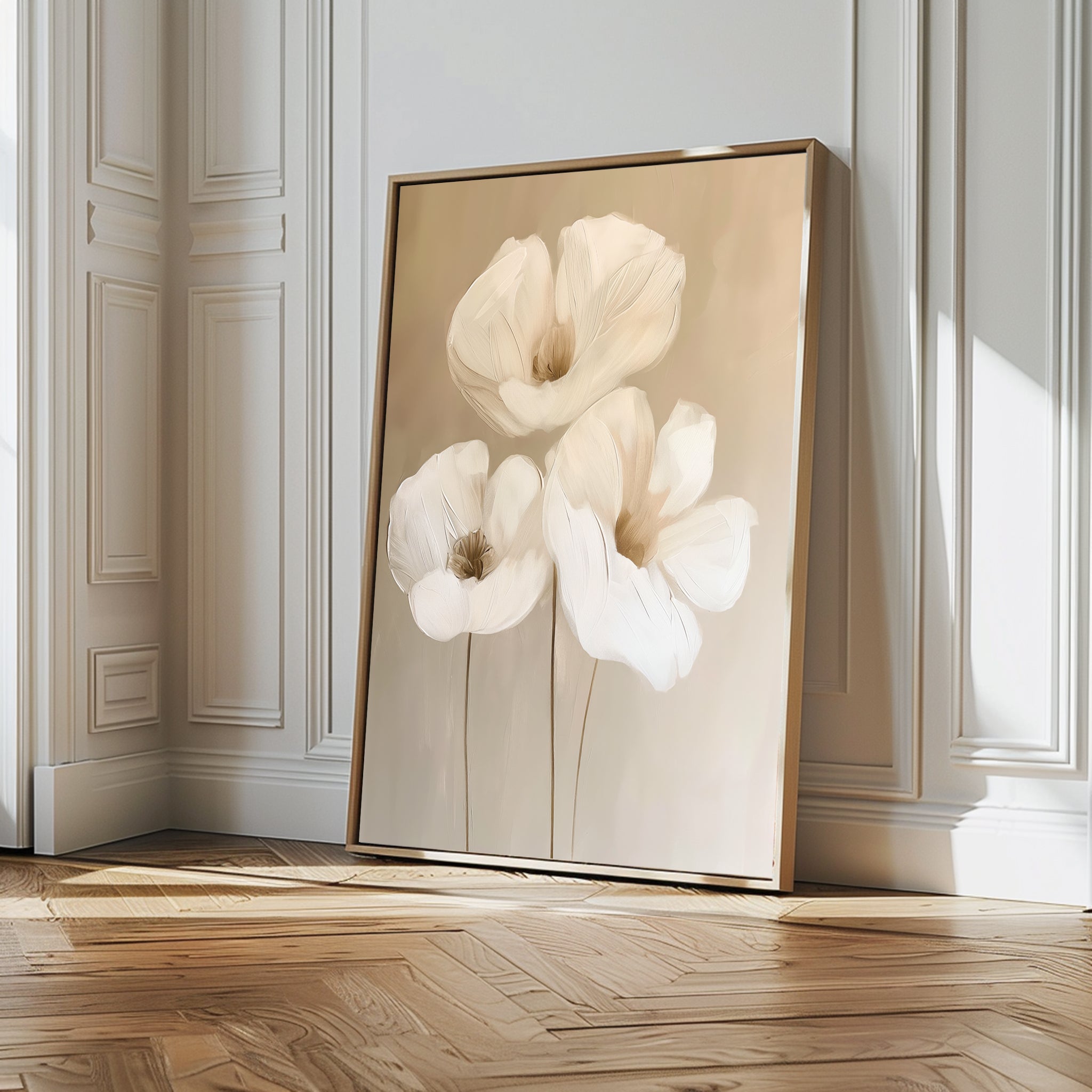 The Blossom Trio Abstract Canvas Art, featuring three white flowers with delicate petals, leans against a white paneled wall on a wooden floor, adding minimalist elegance and style to this bright room.