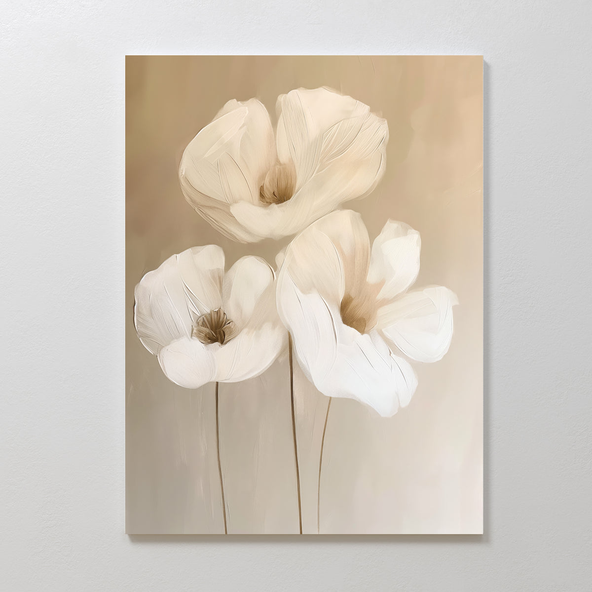 Blossom Trio Abstract Canvas Art features a minimalist design with three white poppy flowers and slender stems on a soft beige background—ideal modern wall art for stylish living room decor.