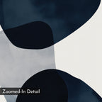 Blue Currents Canvas Art features bold, overlapping navy and light gray organic shapes on a white, canvas-textured background. Minimalist and striking wall art with a "Zoomed-In Detail" label in the bottom left corner.