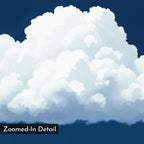 A detailed, zoomed-in illustration of a fluffy white cloud on a deep blue sky with a painted texture. The Blue Horizon Cloud Canvas Art is perfect minimalist wall art for modern living room decor. Labeled "Zoomed-In Detail.