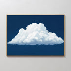 The Blue Horizon Cloud Canvas Art showcases a fluffy white cloud on a deep blue sky, framed and displayed on a white wall—ideal minimalist decor for modern living rooms.