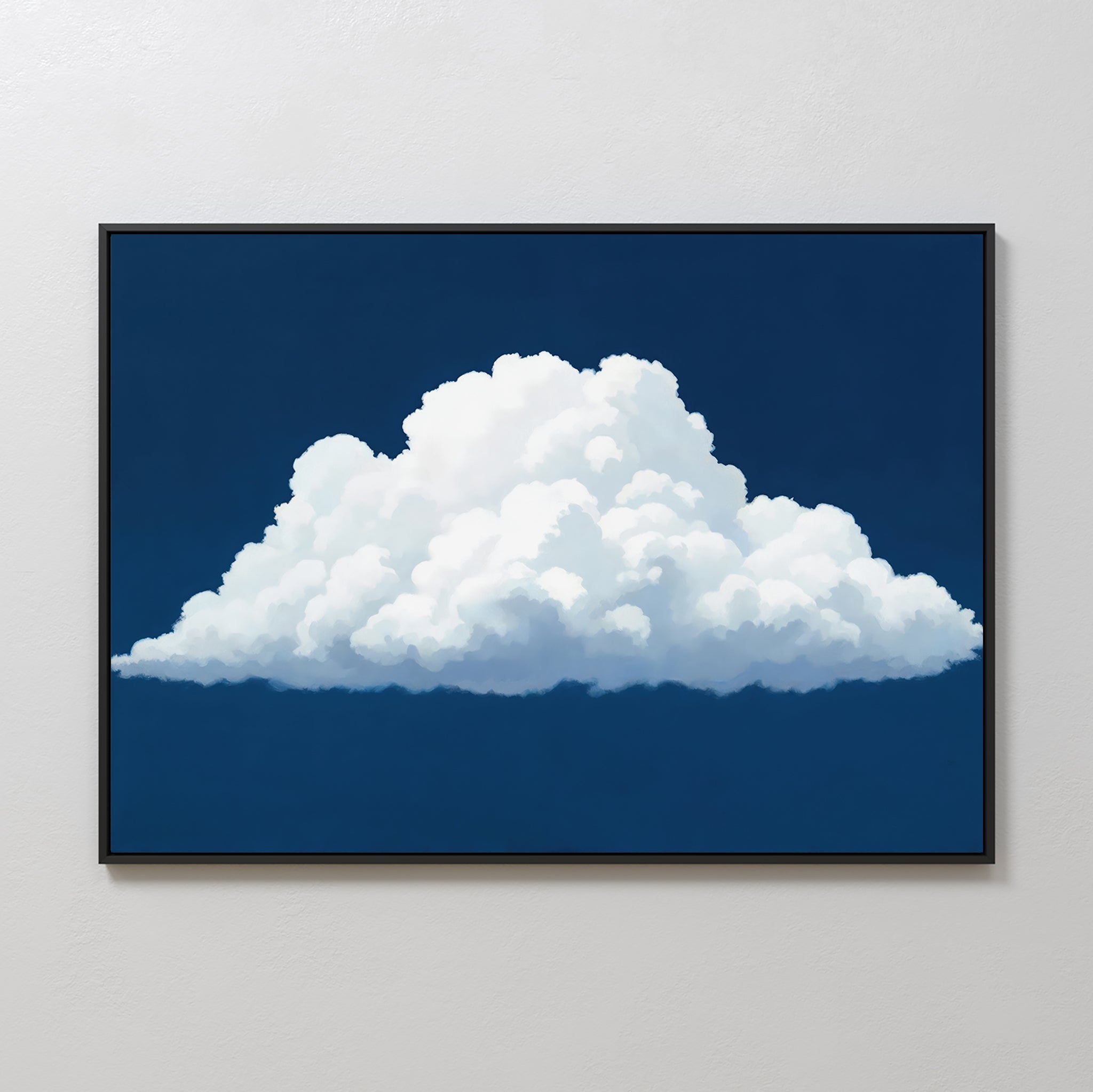 The Blue Horizon Cloud Canvas Art features a single fluffy white cloud on a deep blue background, creating stunning minimalist framed wall art ideal for modern living rooms.
