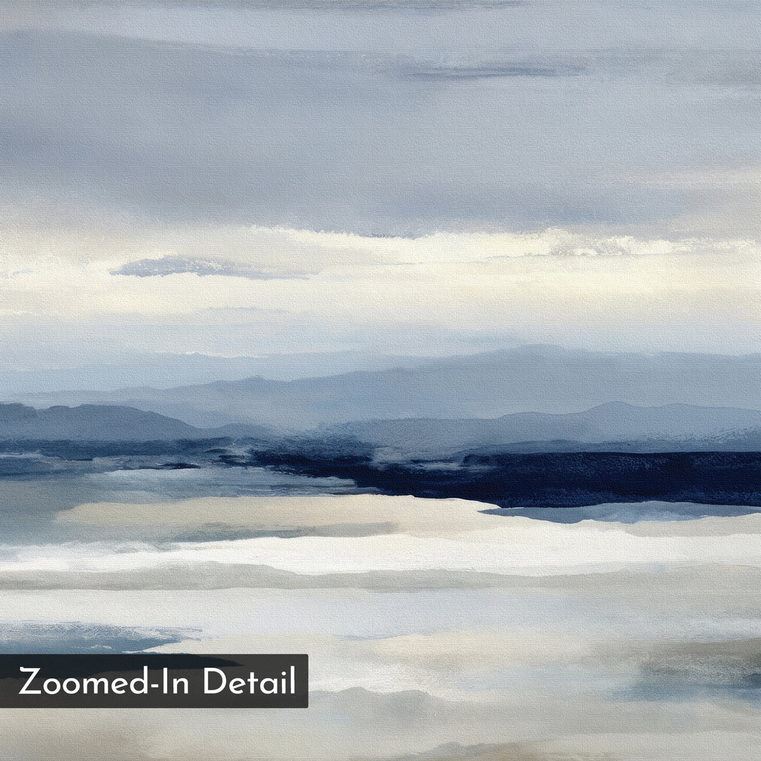 Blue Mist Horizon Canvas Art is a watercolor painting of serene blue and gray mountains, misty clouds, and gentle reflections. This minimalist wall art creates tranquil living room decor. Text reads: Zoomed-In Detail.