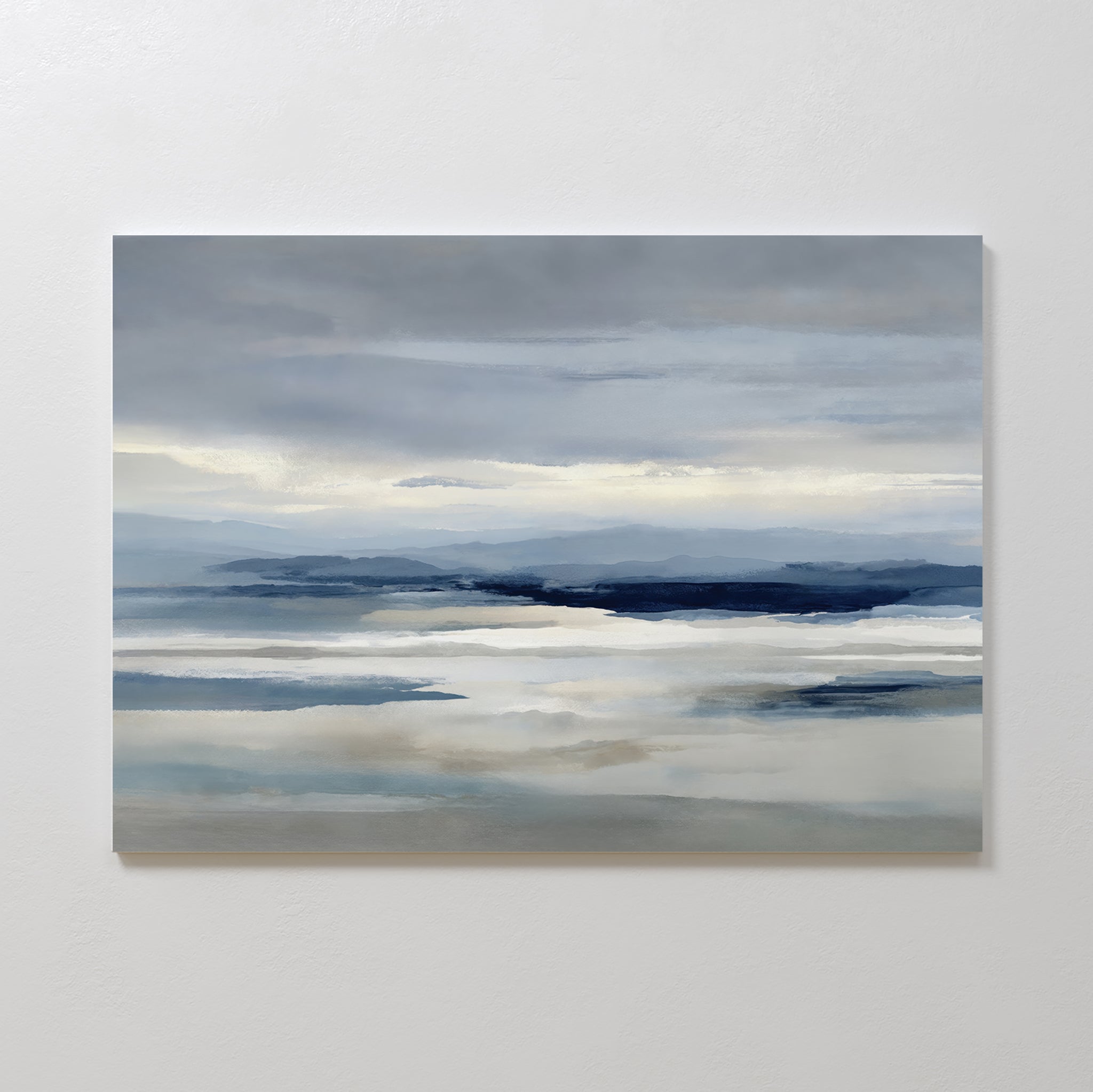 Blue Mist Horizon Canvas Art features soft blue, gray, and white tones with misty mountains and serene water reflections—a perfect minimalist piece to elevate your living room decor.
