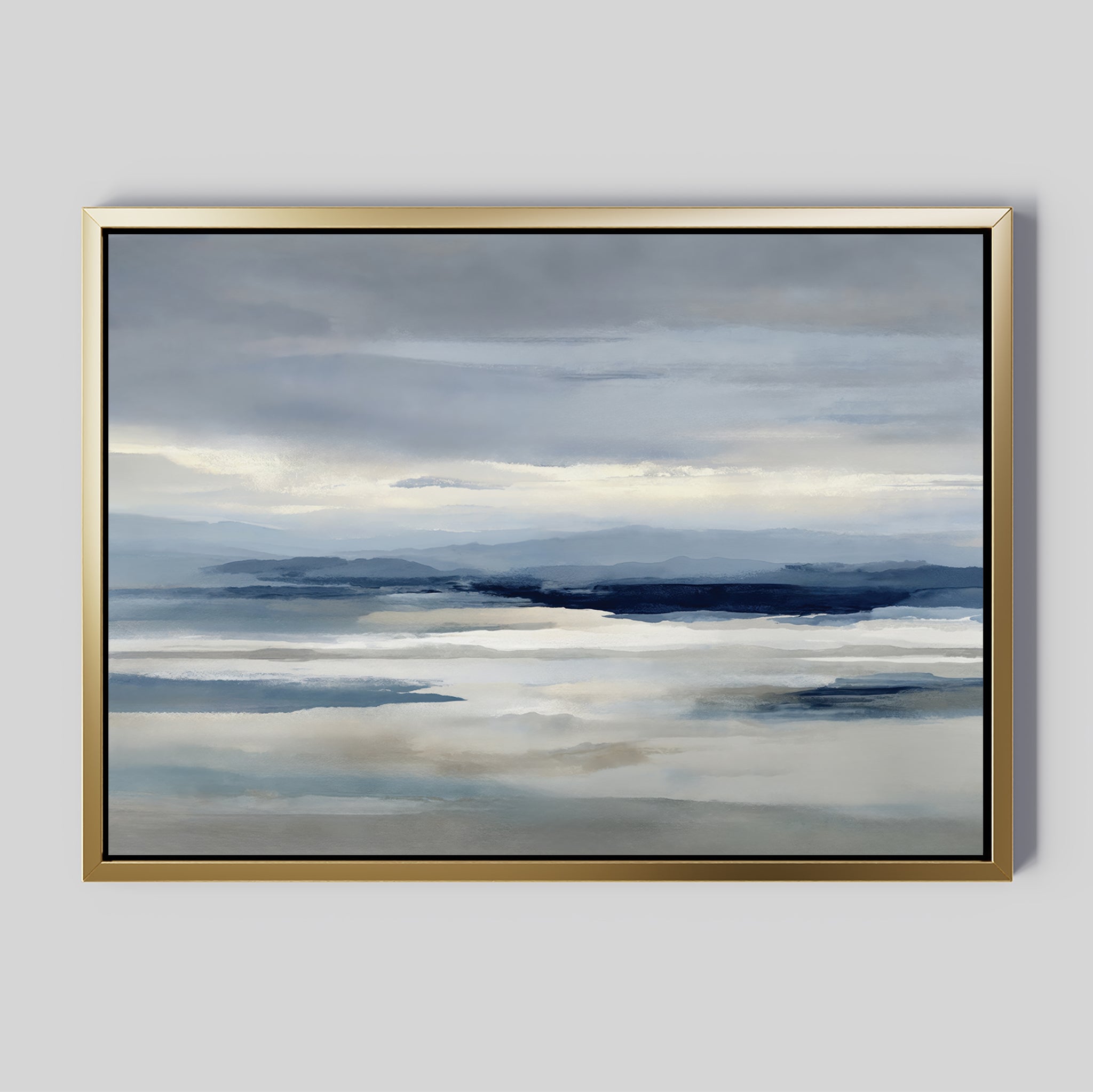 Blue Mist Horizon Canvas Art—minimalist wall decor for living rooms—features a serene abstract landscape in soft blue, gray, and white tones with gentle reflections and calm skies, ideal for adding tranquility to a light gray wall.