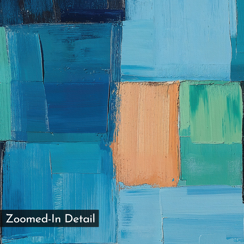 A close-up of Blue Mosaic Abstract Canvas Art reveals textured, overlapping rectangles in blue, teal, green, and peach hues. Ideal as contemporary wall decor, the detail appears in the lower left corner.