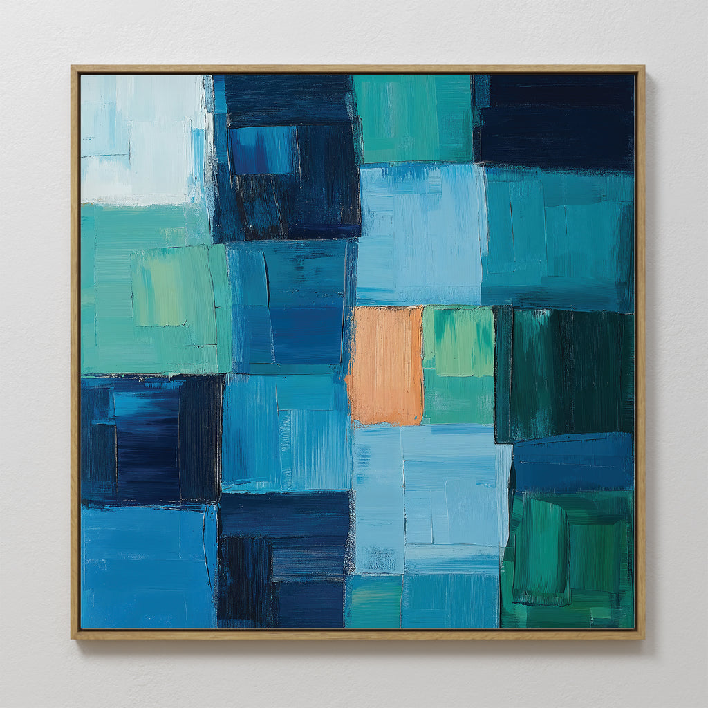 Blue Mosaic Abstract Canvas Art features a grid of blue, teal, and green rectangles with a single orange accent. Visible brushstrokes and a simple wooden frame make it an ideal choice for living room decor.