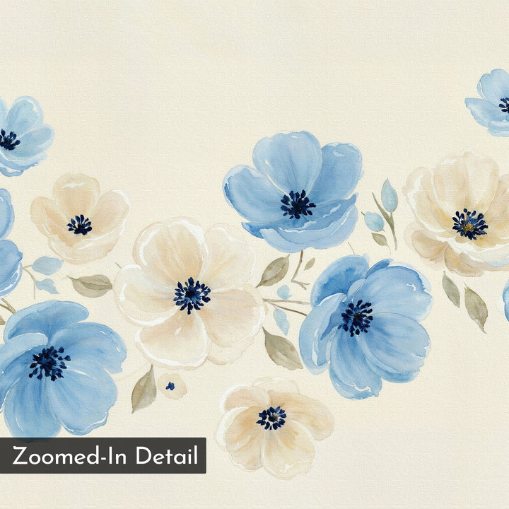Blue Prairie Canvas Art features a watercolor illustration of blue and cream flowers with green leaves on a light background. Ideal as floral wall art or minimalist bedroom decor, it includes a “Zoomed-In Detail” label in the bottom left corner.