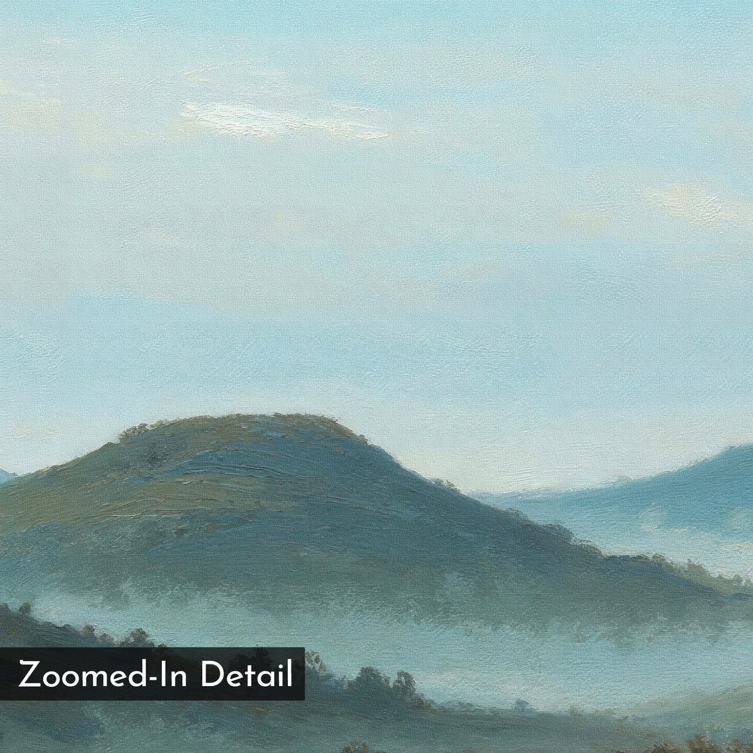 A close-up of the Blue Ridge View Canvas Art displays rolling green hills beneath a pale blue sky with wispy clouds—ideal as calming bedroom decor. The caption "Zoomed-In Detail" appears in the bottom left corner.