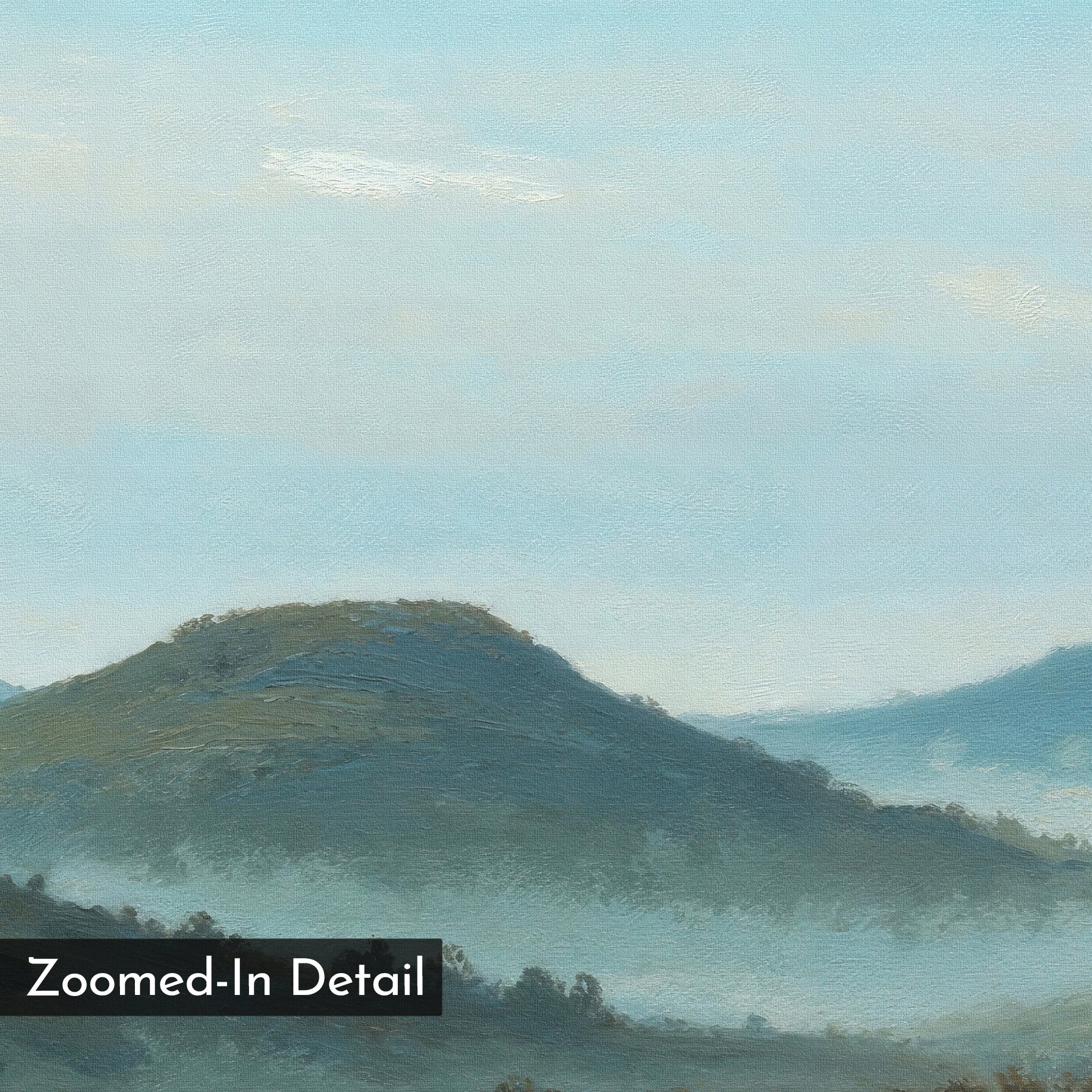 A close-up of the Blue Ridge View Canvas Art displays rolling green hills beneath a pale blue sky with wispy clouds—ideal as calming bedroom decor. The caption "Zoomed-In Detail" appears in the bottom left corner.