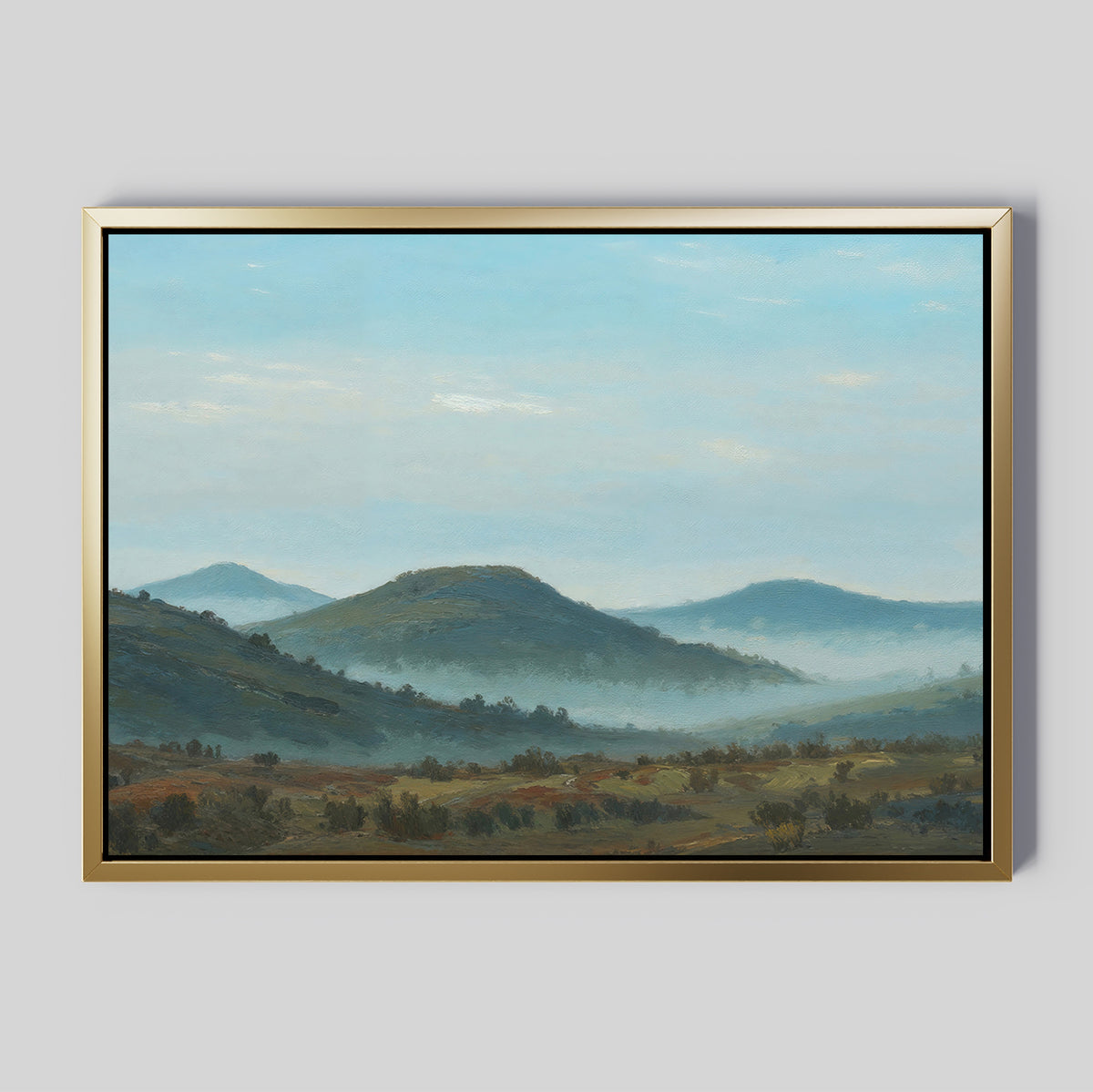 Blue Ridge View Canvas Art features rolling hills with misty valleys and a soft blue sky in gentle green and brown tones—perfect as tranquil wall decor for your bedroom.