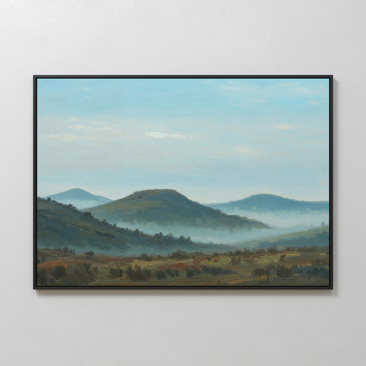 The Blue Ridge View Canvas Art features rolling green hills beneath a blue sky with drifting mist and gentle light, creating a tranquil scene—perfect framed wall art to add serene beauty to your bedroom decor.