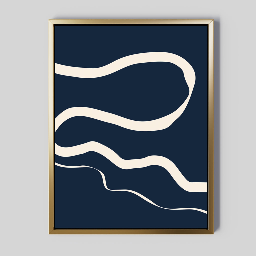 Blue Tranquility Abstract Canvas Art features a dark blue backdrop with three wavy cream lines, offering minimalist style thats perfect for enhancing modern living room decor.