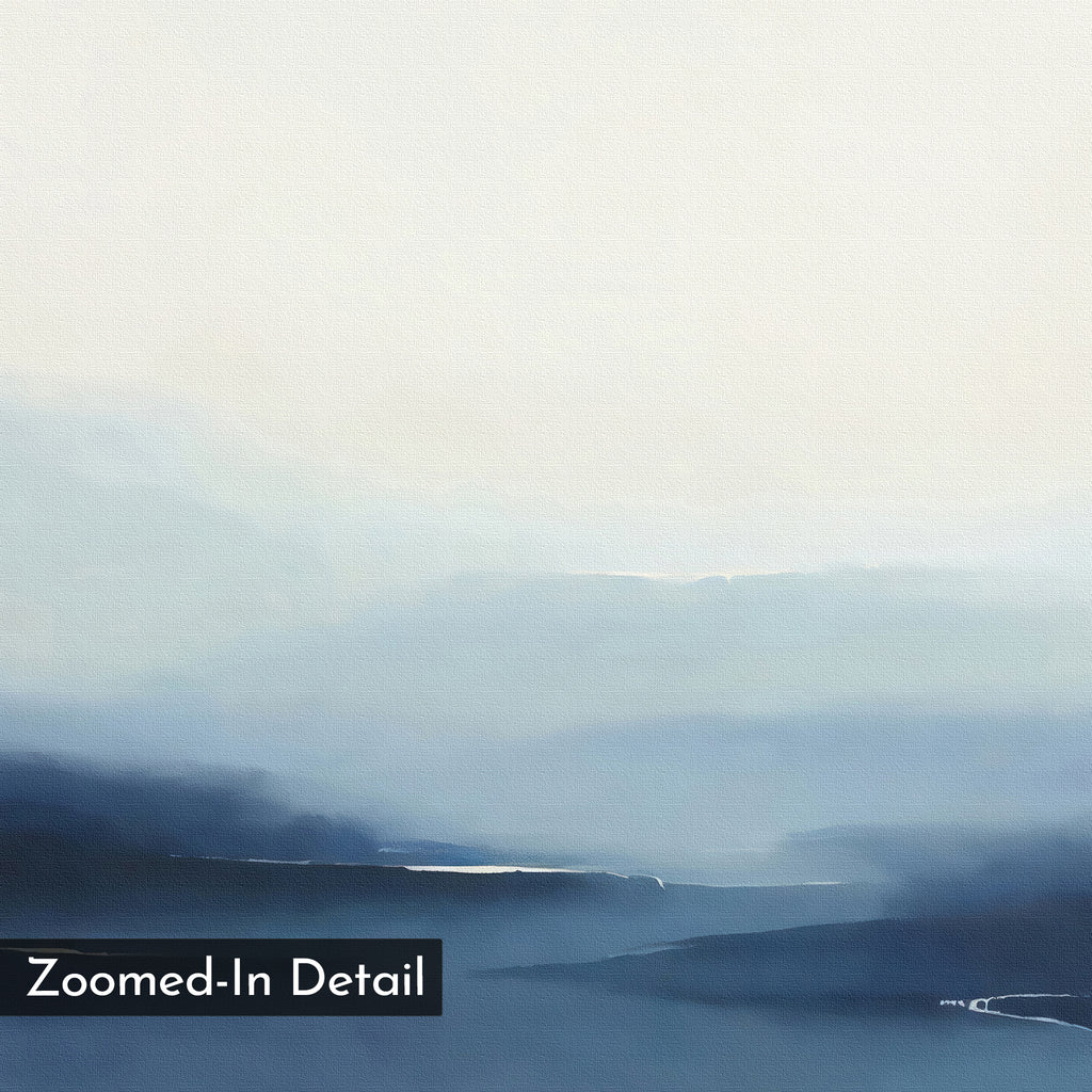 The Blue Valley Mist Canvas Art features a minimalist landscape with soft, blurred blue and white tones that evoke misty mountains. “Zoomed-In Detail” is shown in a black box at the bottom left corner.