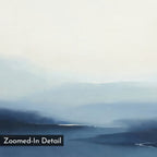 The Blue Valley Mist Canvas Art features a minimalist landscape with soft, blurred blue and white tones that evoke misty mountains. “Zoomed-In Detail” is shown in a black box at the bottom left corner.
