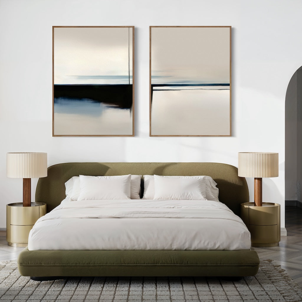 Modern bedroom with an olive green bed, white bedding, matching nightstands with beige lamps, a patterned rug, and the Blurred Reflections Set of 2 minimalist wall art above the bed.