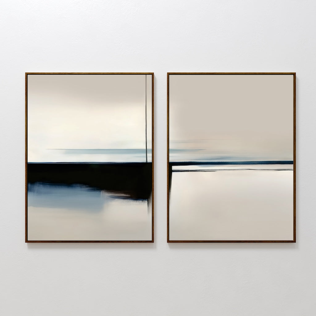 The Blurred Reflections Set of 2 features abstract framed art with soft beige, black, and blue tones in blurred horizontal lines—ideal as modern wall decor for a serene touch against any white wall.