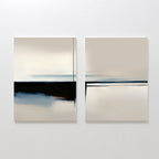 The Blurred Reflections Set of 2 features abstract paintings with soft beige, black, and blue tones, horizontal lines, and blurred transitions—ideal minimalist wall decor when displayed side by side on a white wall.