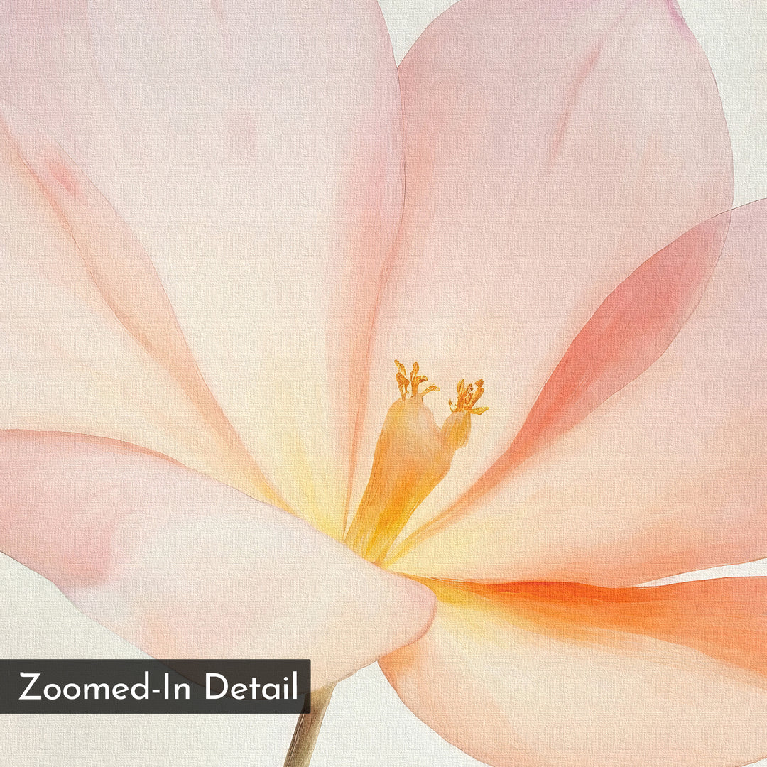 A close-up of the Blush Magnolia Canvas Art shows delicate soft pink petals and a yellow-orange center, ideal as floral wall art for bedrooms. "Zoomed-In Detail" appears in a black box at the bottom left.