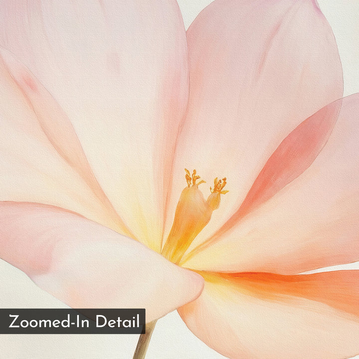 A close-up of the Blush Magnolia Canvas Art shows delicate soft pink petals and a yellow-orange center, ideal as floral wall art for bedrooms. "Zoomed-In Detail" appears in a black box at the bottom left.