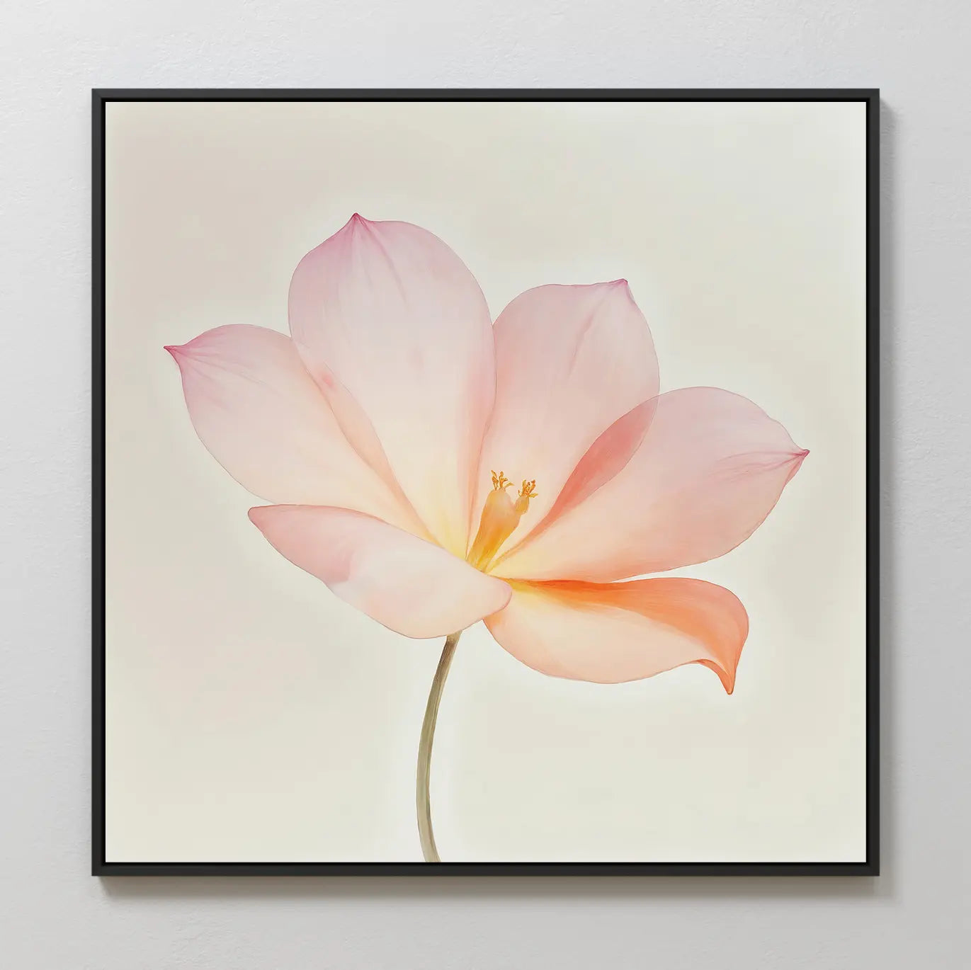 The Blush Magnolia Canvas Art features a single light pink flower with soft petals and a pale yellow center, making this minimalist framed wall art perfect for adding serenity to your bedroom decor.