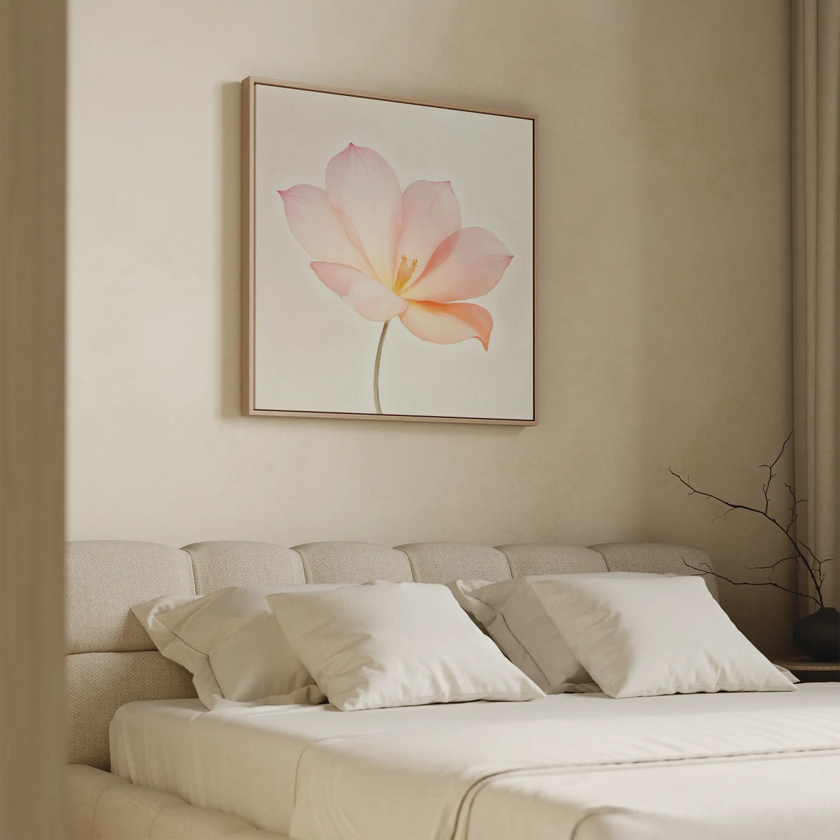 A neatly made bed with white pillows and bedding sits against a beige wall, topped by the Blush Magnolia Canvas Art. A bare decorative branch in the corner adds to the room’s calm, minimalist vibe.