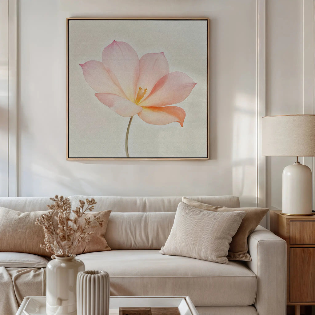 A modern living room featuring a white sofa with beige cushions, side table and lamp, dried flowers in a vase, and the Blush Magnolia Canvas Art—an eye-catching large pink floral painting—hanging above the sofa.