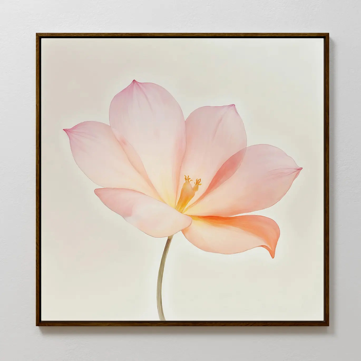 Blush Magnolia Canvas Art: A framed minimalist canvas with a single pink magnolia bloom and pale green stem on a neutral background—ideal floral wall art for bedroom decor.