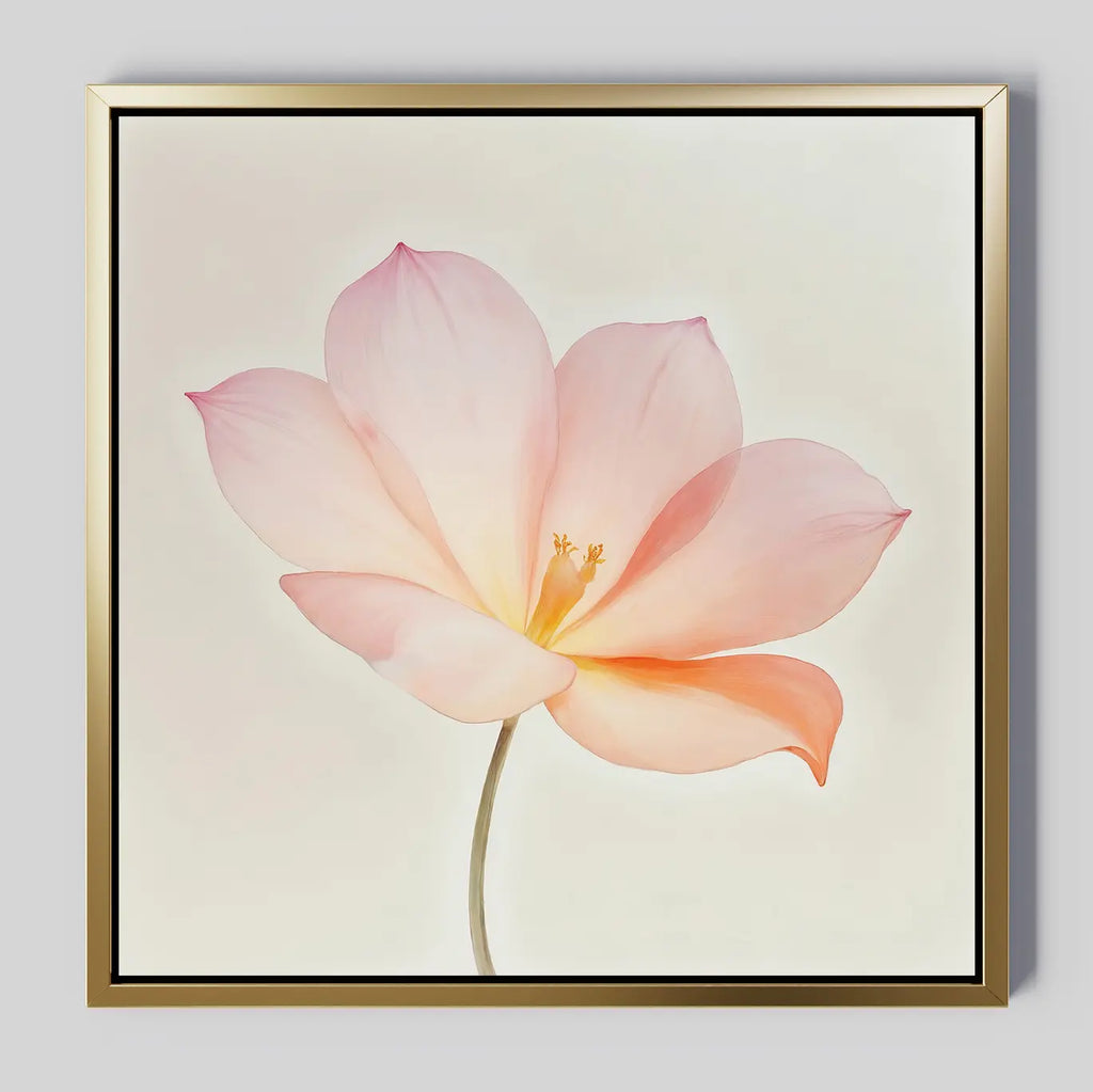 The Blush Magnolia Canvas Art features a single pink and peach flower with delicate petals on a pale background. Its gold frame with a slim black edge adds elegance, making it perfect for minimalist bedroom decor.