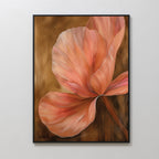 Blush Petals Abstract Canvas Art: This minimalist framed wall art features a close-up of pink and peach petals with soft, flowing lines on a warm brown background—perfect for adding elegant style to your living room decor.