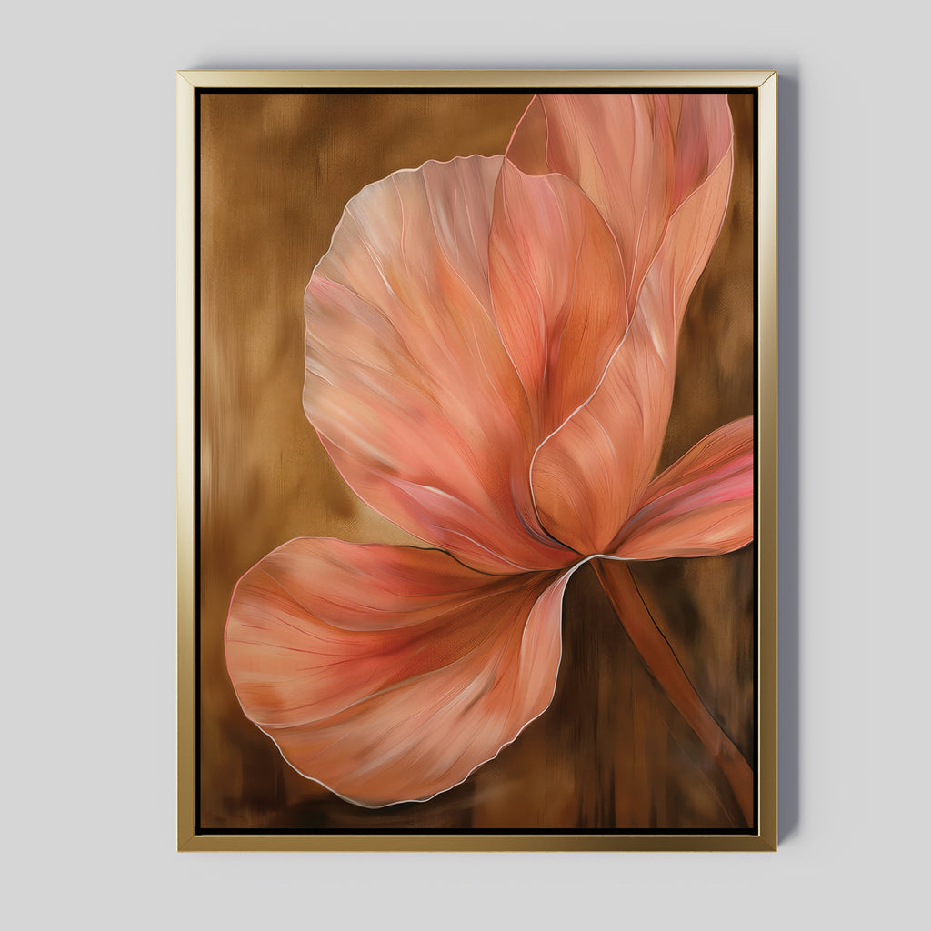 Blush Petals Abstract Canvas Art features a delicate pink and orange flower with soft, layered petals on a brown background in a gold frame—ideal minimalist wall art for elevating your living room decor.