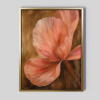 Blush Petals Abstract Canvas Art features a delicate pink and orange flower with soft, layered petals on a brown background in a gold frame—ideal minimalist wall art for elevating your living room decor.