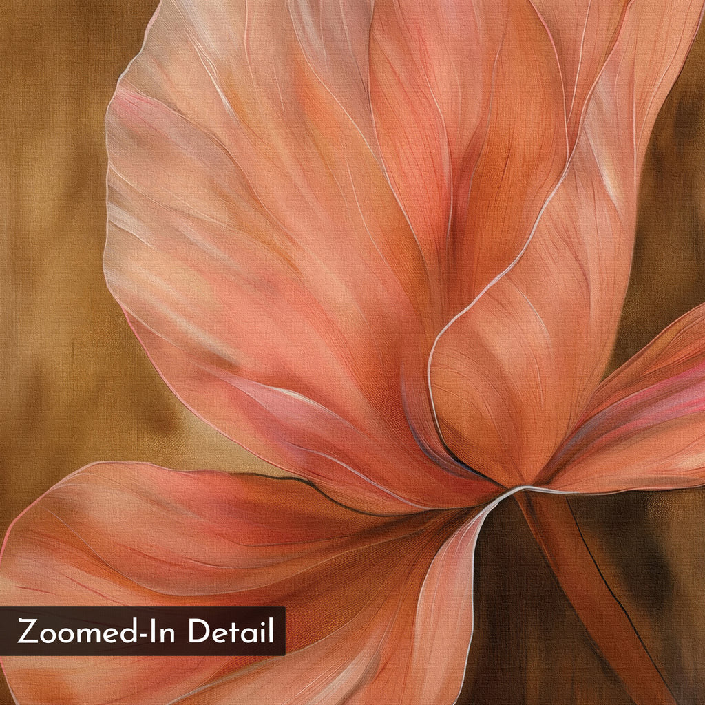 A close-up of a large, peach-hued petal with gentle lines and shading on a warm brown backdrop. Modern wall art, Blush Petals Abstract Canvas Art, features a label in the corner: Zoomed-In Detail.