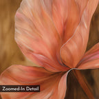 A close-up of a large, peach-hued petal with gentle lines and shading on a warm brown backdrop. Modern wall art, Blush Petals Abstract Canvas Art, features a label in the corner: Zoomed-In Detail.