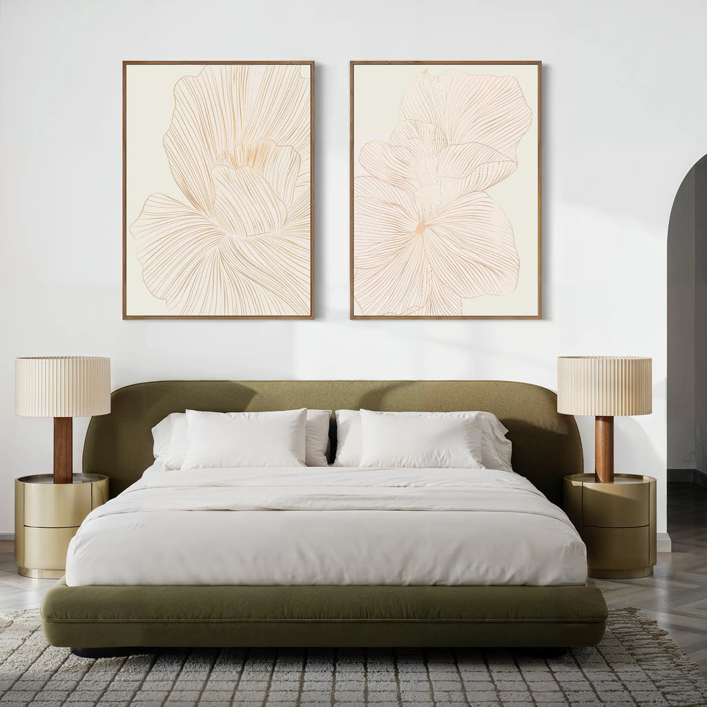 A modern bedroom with an olive green bed, white bedding, beige nightstands with matching lamps, and the Blush Sketch Set of 2 minimalist wall art hanging above the bed.