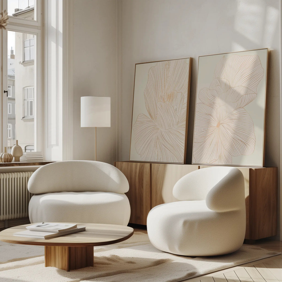 A modern living room featuring two curved white armchairs, a wooden coffee table, a light wood sideboard, minimalist lamp, and the Blush Sketch Set of 2 as wall art—all in soft, neutral tones.