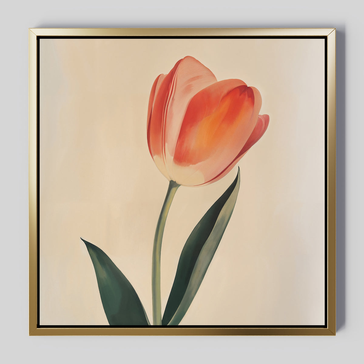 The Blush Tulip Canvas Art features a single red and orange tulip with green leaves on a light beige background. Its gold frame with a slim black inner border makes it ideal for minimalist wall art or subtle bedroom decor.