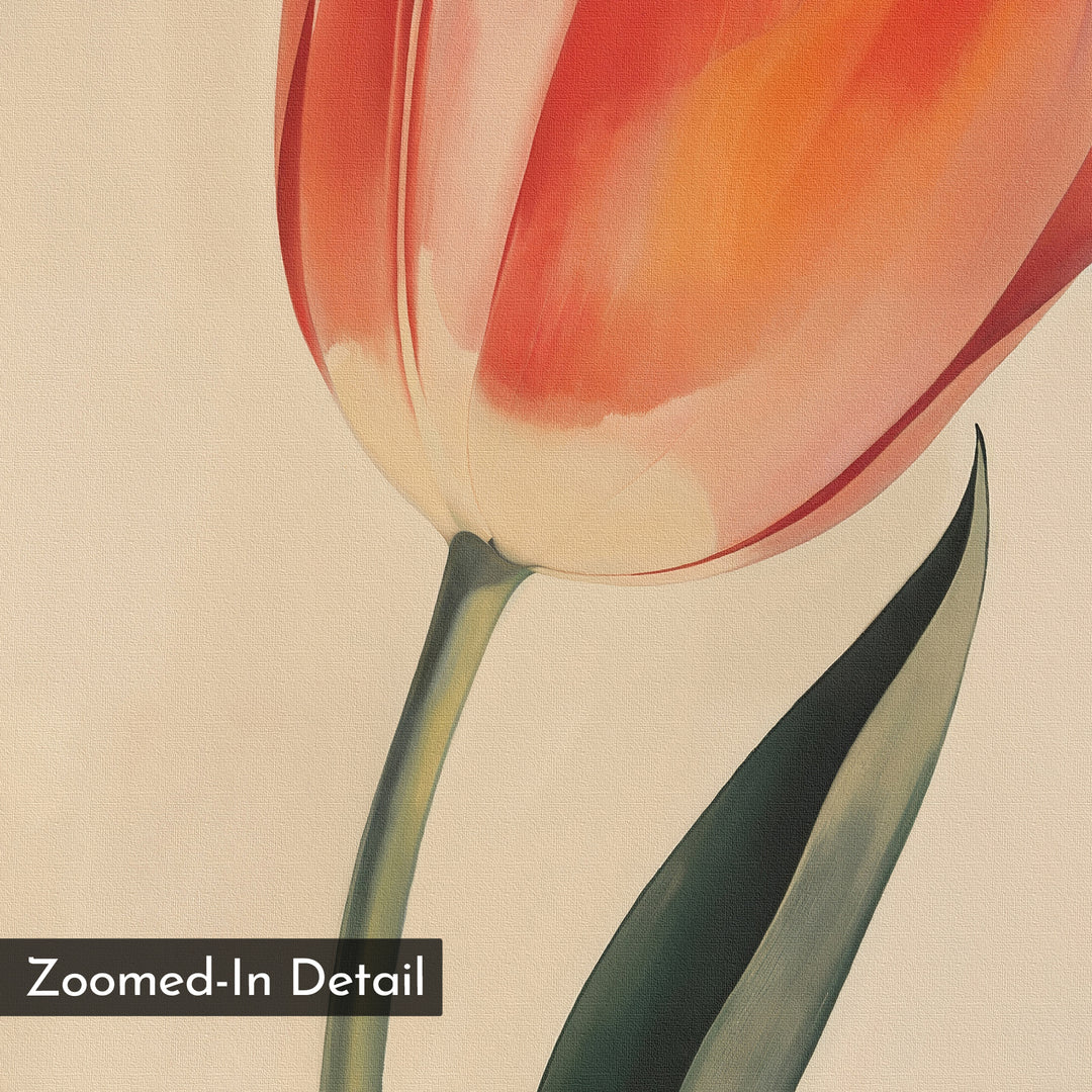 A close-up of a red and yellow tulip with green stem and leaf on a light background. A "Zoomed-In Detail" box appears, making Blush Tulip Canvas Art perfect for stylish bedroom decor or minimalist wall art collections.