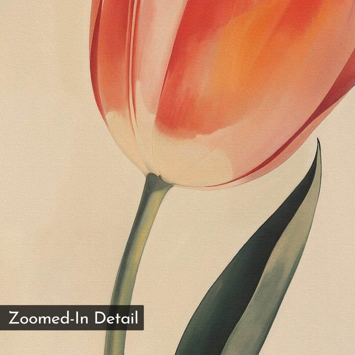 A close-up of a red and yellow tulip with green stem and leaf on a light background. A "Zoomed-In Detail" box appears, making Blush Tulip Canvas Art perfect for stylish bedroom decor or minimalist wall art collections.