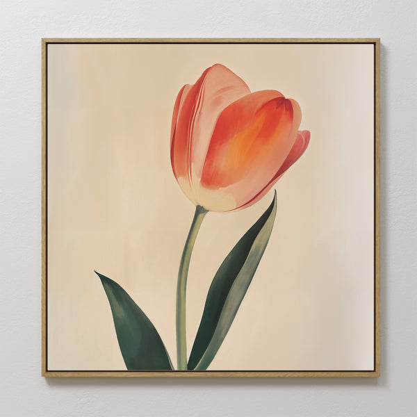 Blush Tulip Canvas Art displays a single red and orange tulip with two green leaves on a light beige background, making it perfect for minimalist bedroom wall decor.